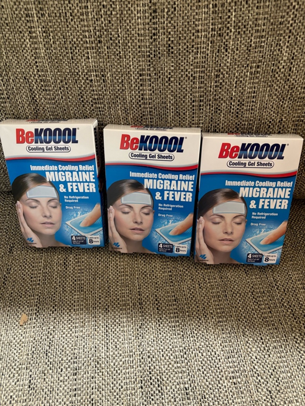 BE KOOL MIGRAINE AND FEVER SHEETS 3 PACKS OF 4 & 12 TOTAL DRUG FREE NEW IN BOXES